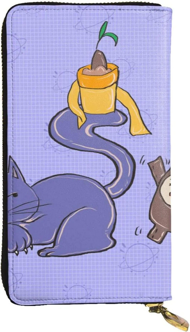 Sunflower seeds and cats pattern Leather long clutch wallet : Comfortable, lightweight, waterproof, durable 7.48 x 4.13 in