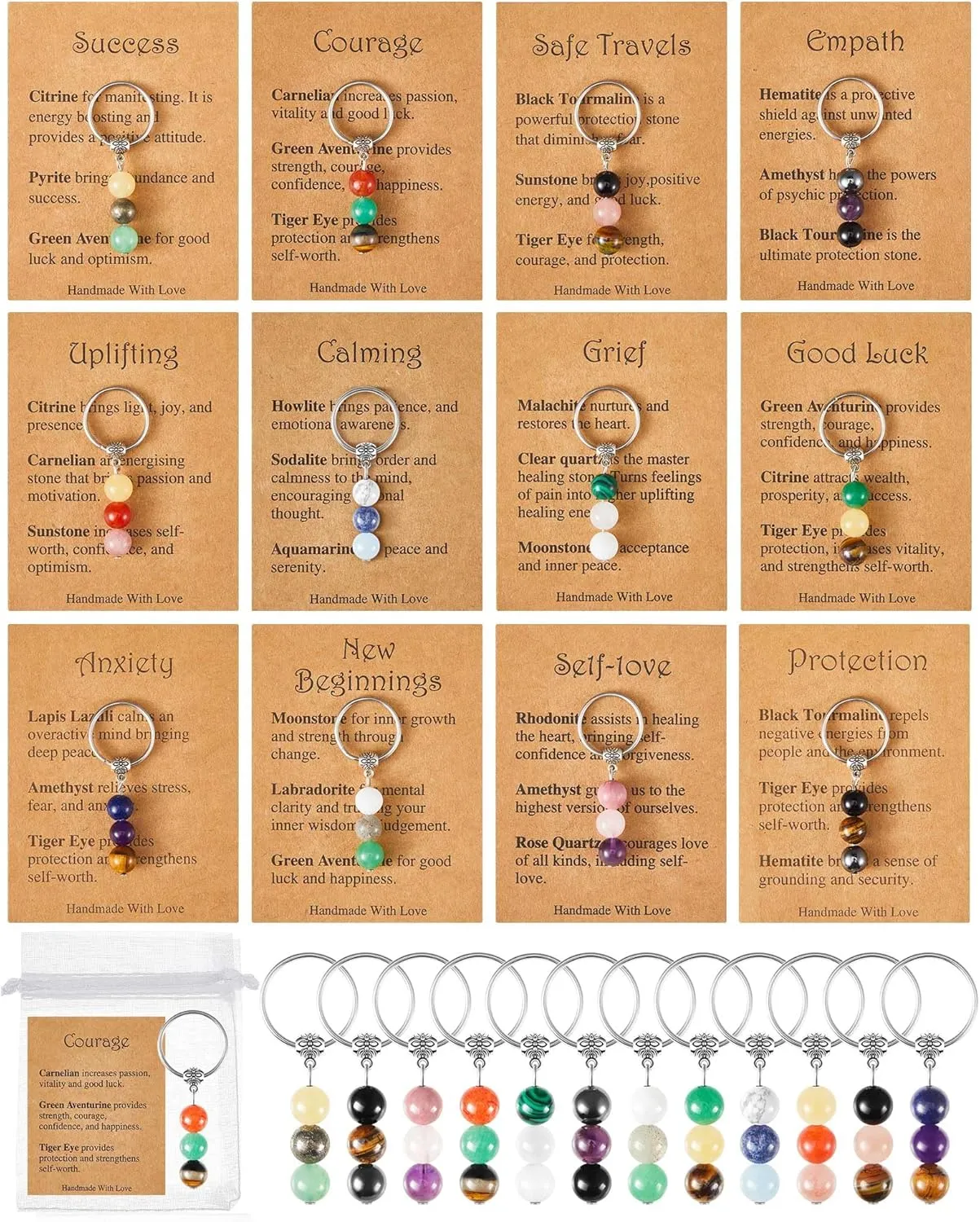 Sureio 12 Set Healing Crystal Keychain Gift Bulk Healing Gemstone Keychain New Beginnings Good Luck Bead Stones Anxiety Relief Valentine‘s Day Gift for Couple Women Men Coworker with Card Organza Bag