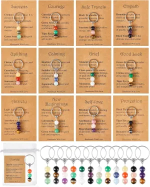 Sureio 12 Set Healing Crystal Keychain Gift Bulk Healing Gemstone Keychain New Beginnings Good Luck Bead Stones Anxiety Relief Valentine‘s Day Gift for Couple Women Men Coworker with Card Organza Bag