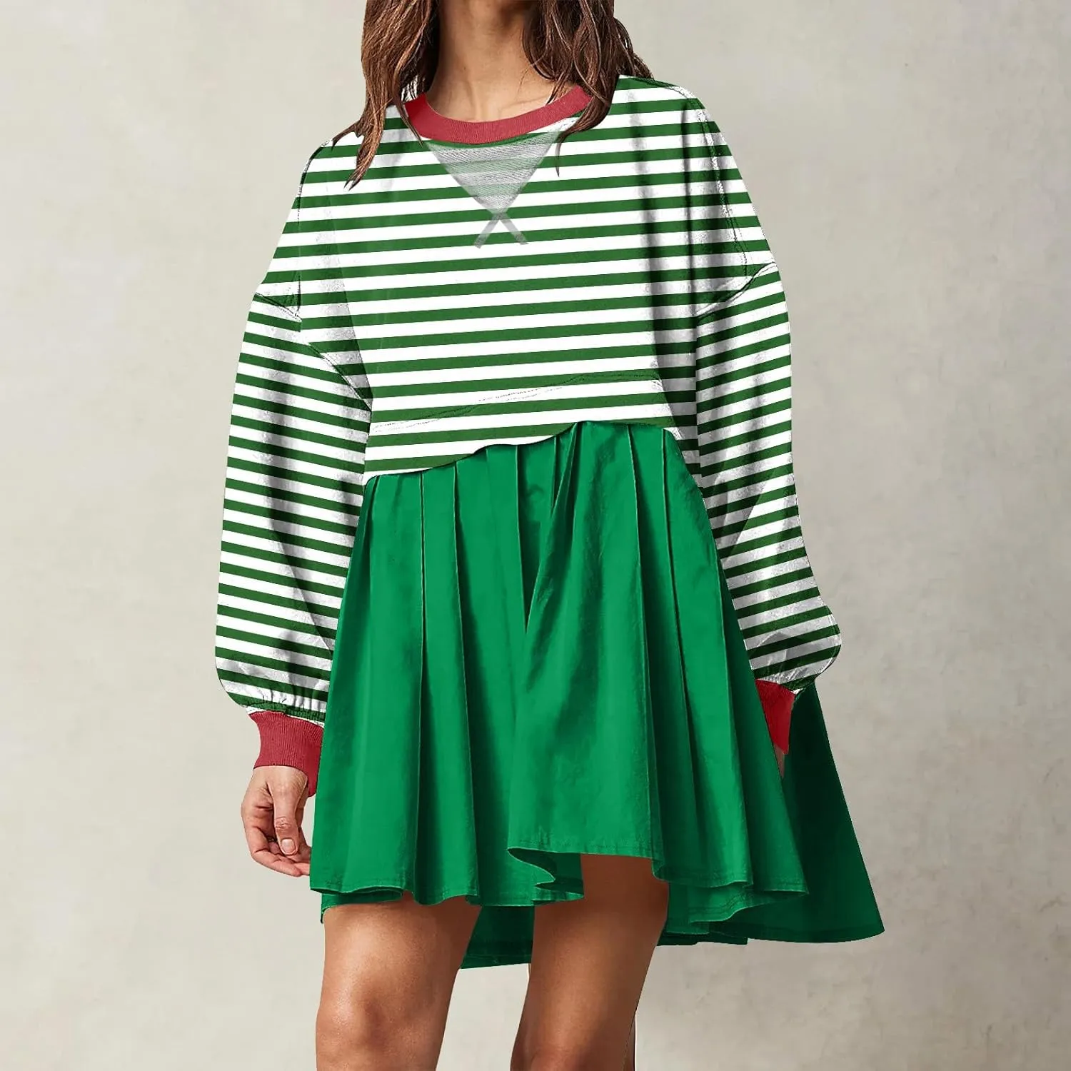 Sweatshirt Dresses for Women Striped Long Sleeve Pleated Patchwork Tops Dress Plus Size Mini Sweater Dress Fall 2024