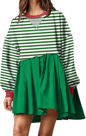 Sweatshirt Dresses for Women Striped Long Sleeve Pleated Patchwork Tops Dress Plus Size Mini Sweater Dress Fall 2024