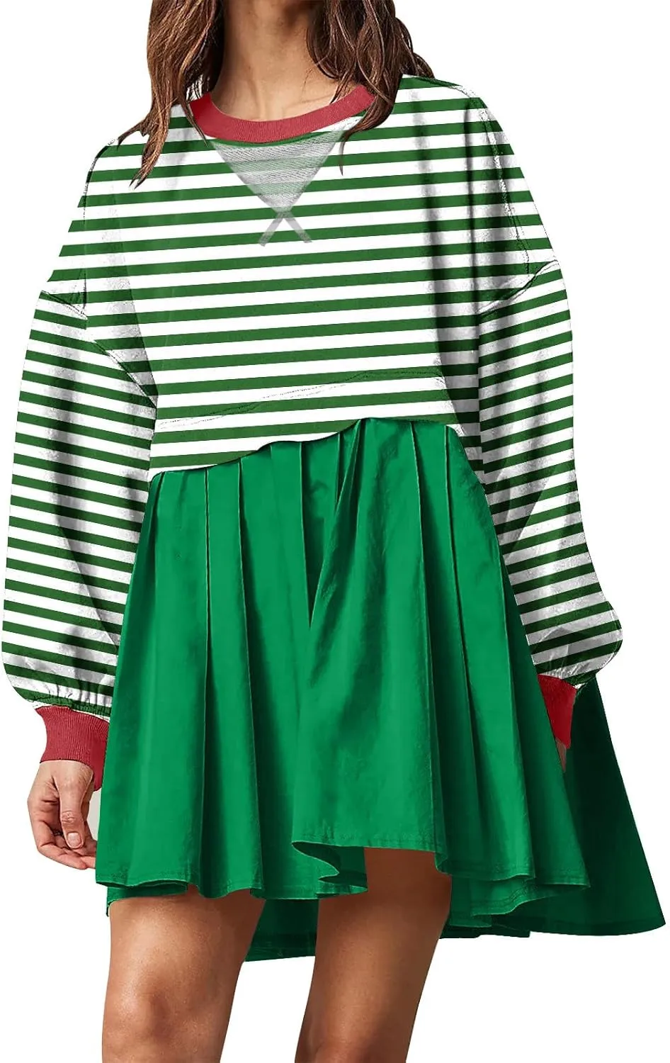Sweatshirt Dresses for Women Striped Long Sleeve Pleated Patchwork Tops Dress Plus Size Mini Sweater Dress Fall 2024