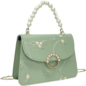 SweatyRocks Women's Crossbody Handbag Faux Pearl Top Handle Flower Embroidery Purses Mini Square Bag