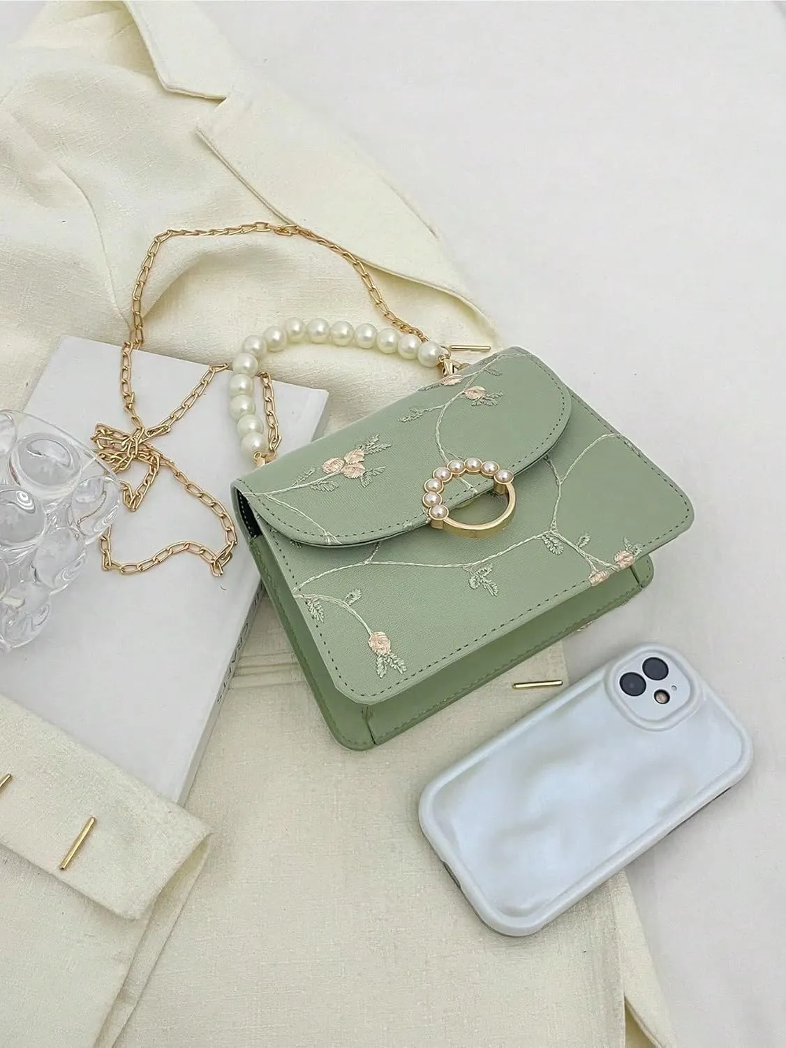 SweatyRocks Women's Crossbody Handbag Faux Pearl Top Handle Flower Embroidery Purses Mini Square Bag