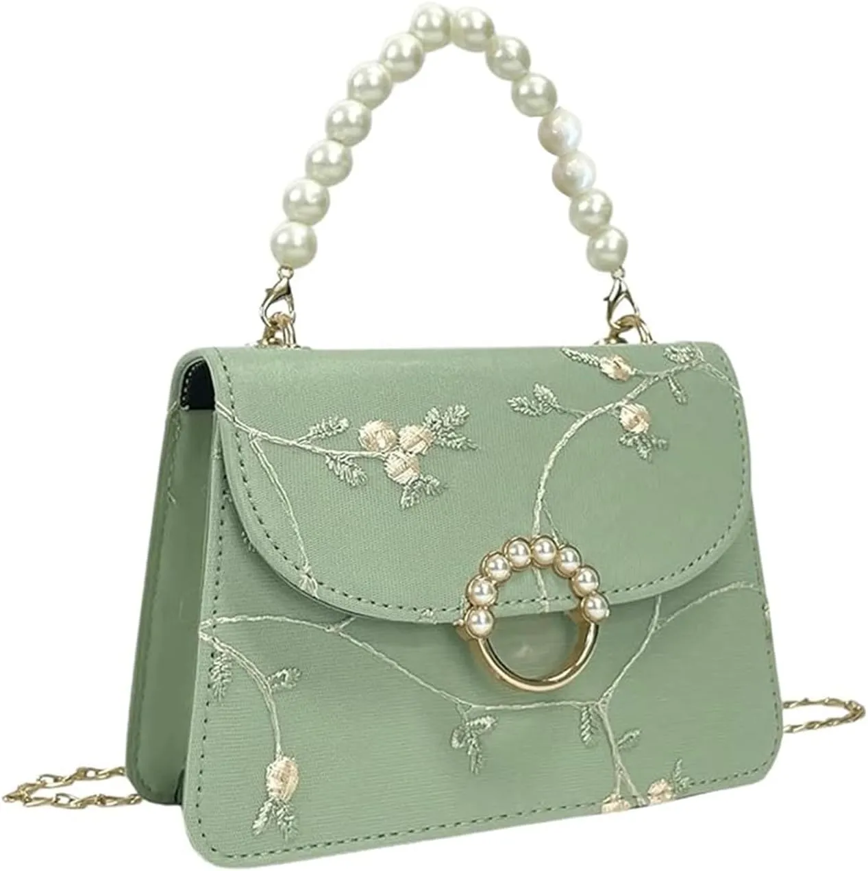 SweatyRocks Women's Crossbody Handbag Faux Pearl Top Handle Flower Embroidery Purses Mini Square Bag