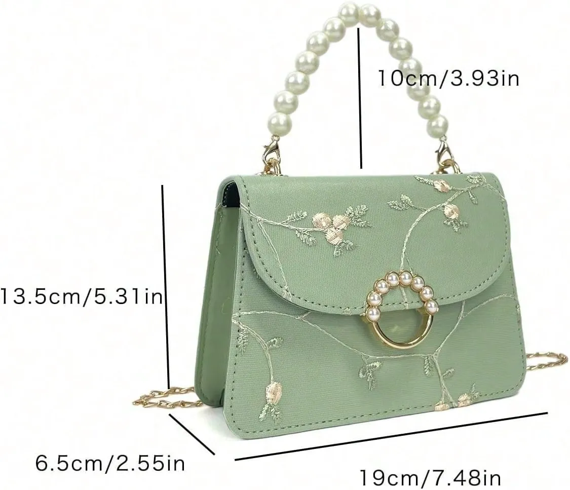 SweatyRocks Women's Crossbody Handbag Faux Pearl Top Handle Flower Embroidery Purses Mini Square Bag