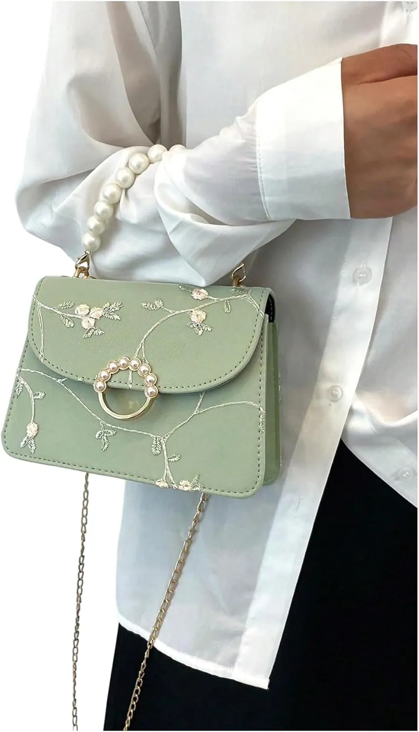 SweatyRocks Women's Crossbody Handbag Faux Pearl Top Handle Flower Embroidery Purses Mini Square Bag