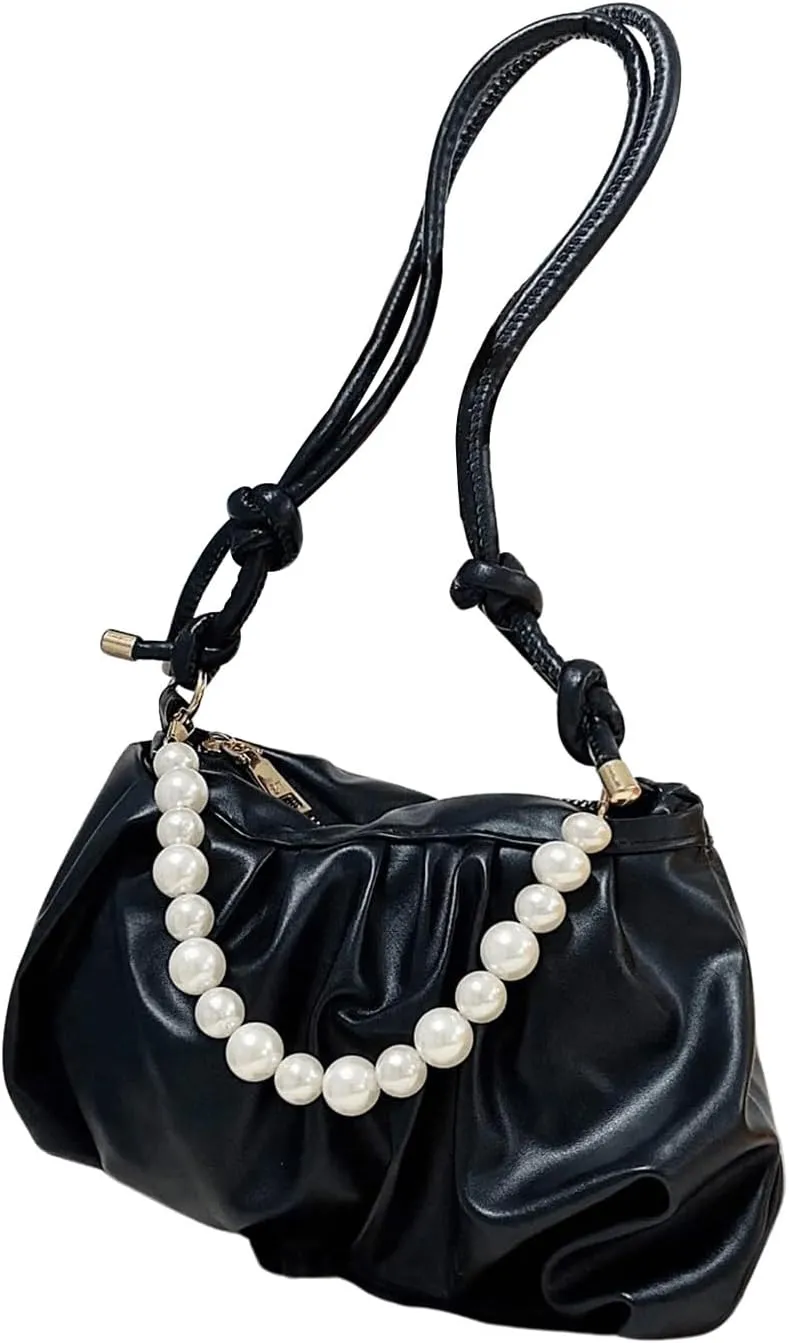 SweatyRocks Women's Pearl Decor Top Handle Purses Ruched Small Leather Shoulder Handbags