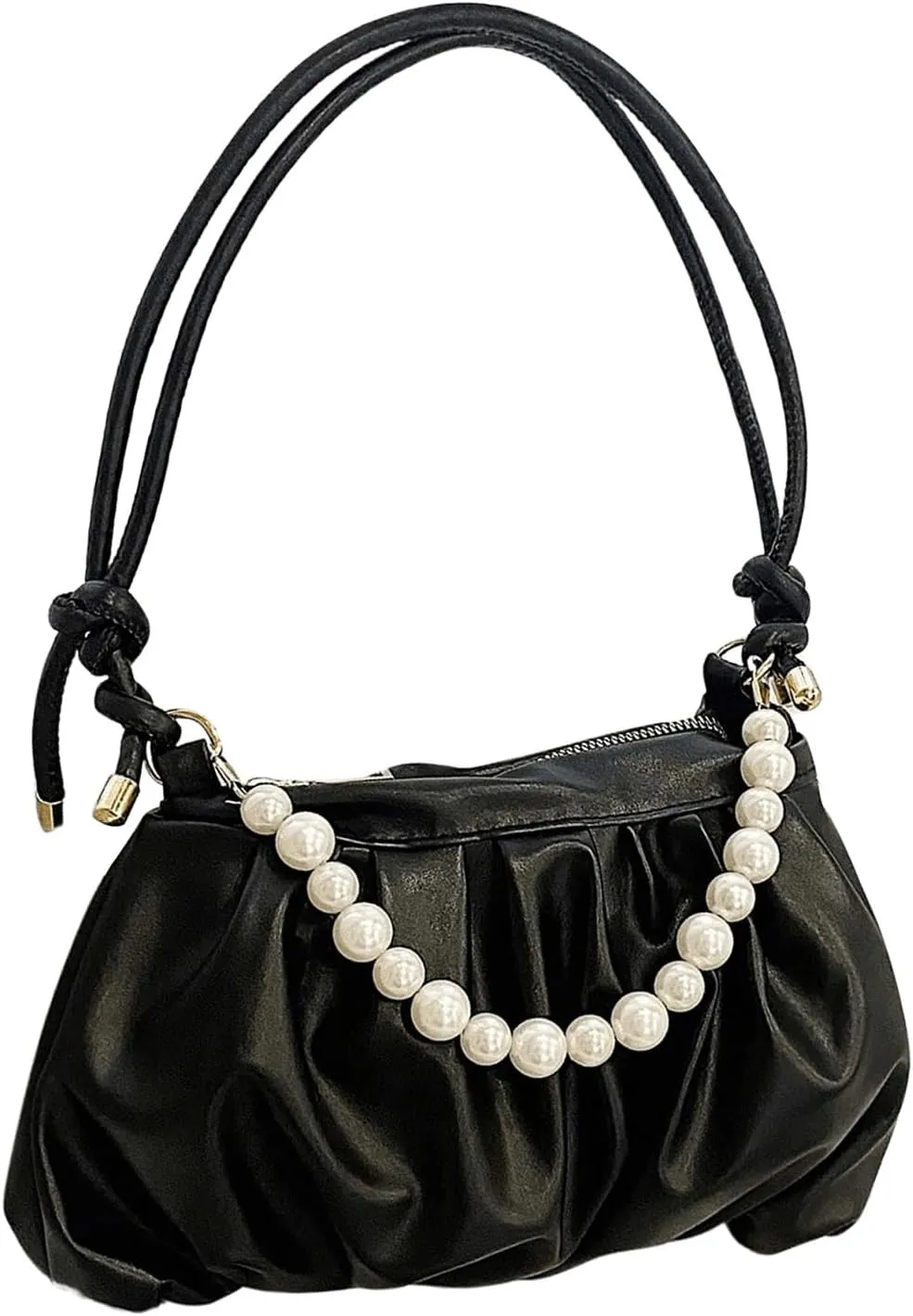 SweatyRocks Women's Pearl Decor Top Handle Purses Ruched Small Leather Shoulder Handbags