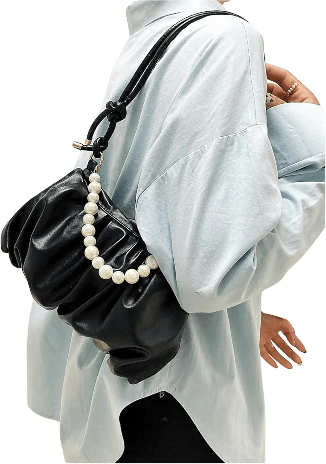 SweatyRocks Women's Pearl Decor Top Handle Purses Ruched Small Leather Shoulder Handbags