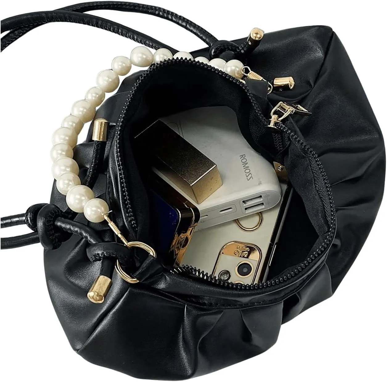 SweatyRocks Women's Pearl Decor Top Handle Purses Ruched Small Leather Shoulder Handbags