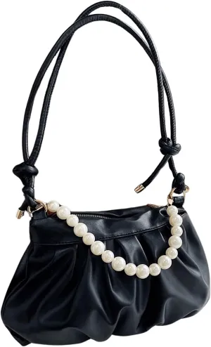 SweatyRocks Women's Pearl Decor Top Handle Purses Ruched Small Leather Shoulder Handbags