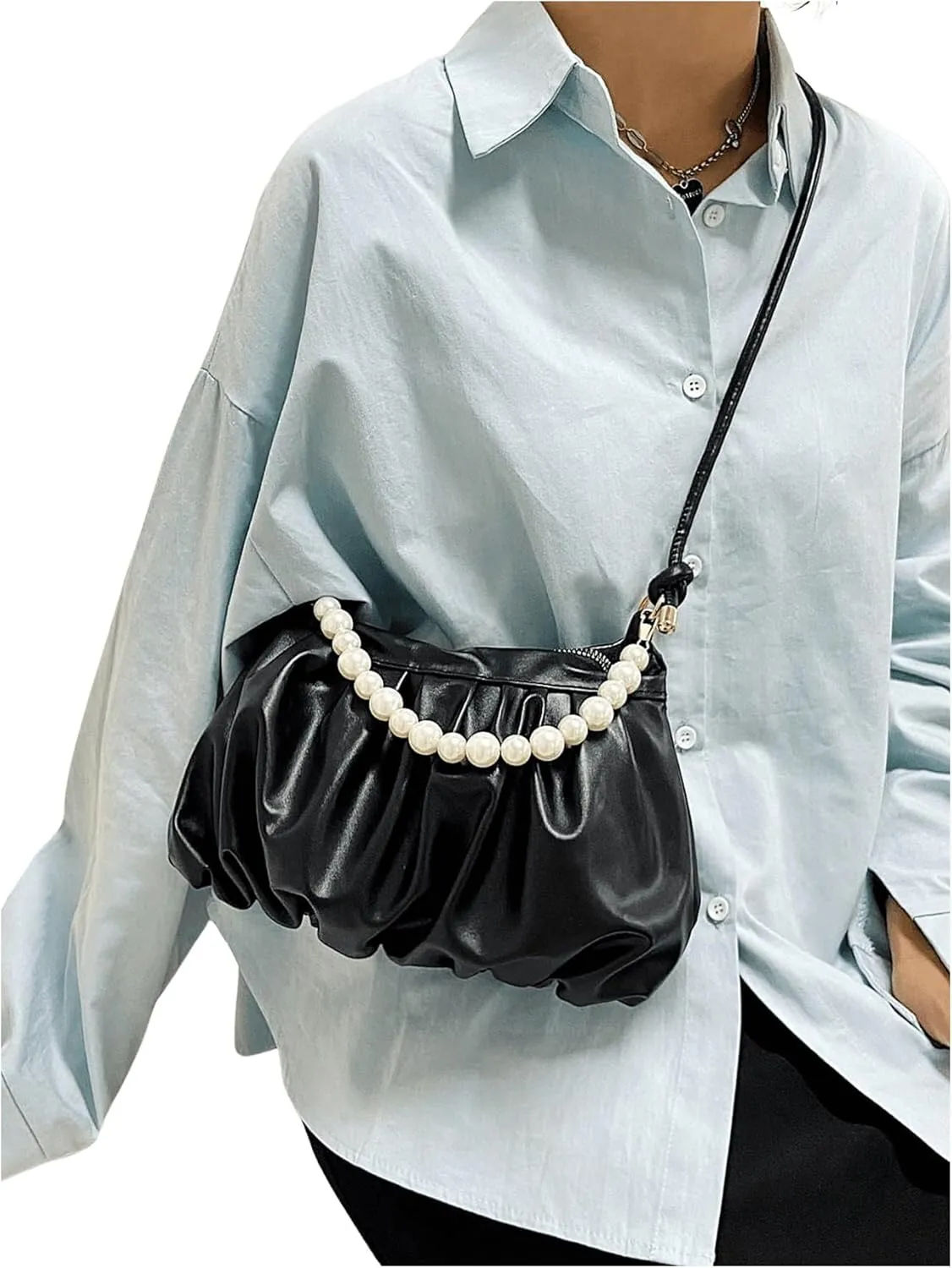 SweatyRocks Women's Pearl Decor Top Handle Purses Ruched Small Leather Shoulder Handbags