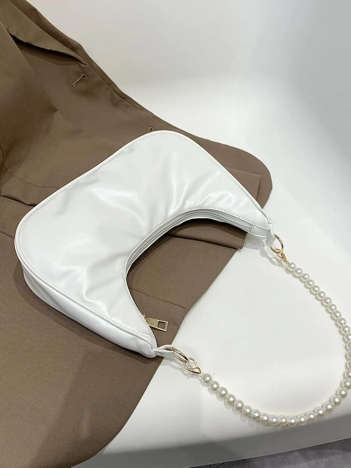 SweatyRocks Women's Pearls Chain Top Handle Shoulder Bags PU Leather Zipper Hobo Bags Clutch Purses
