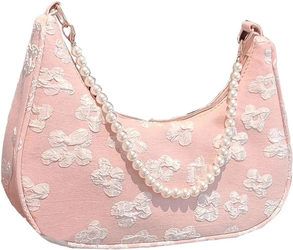 SweatyRocks Women's Pearls Chain Top Handle Shoulder Bags PU Leather Zipper Hobo Bags Clutch Purses
