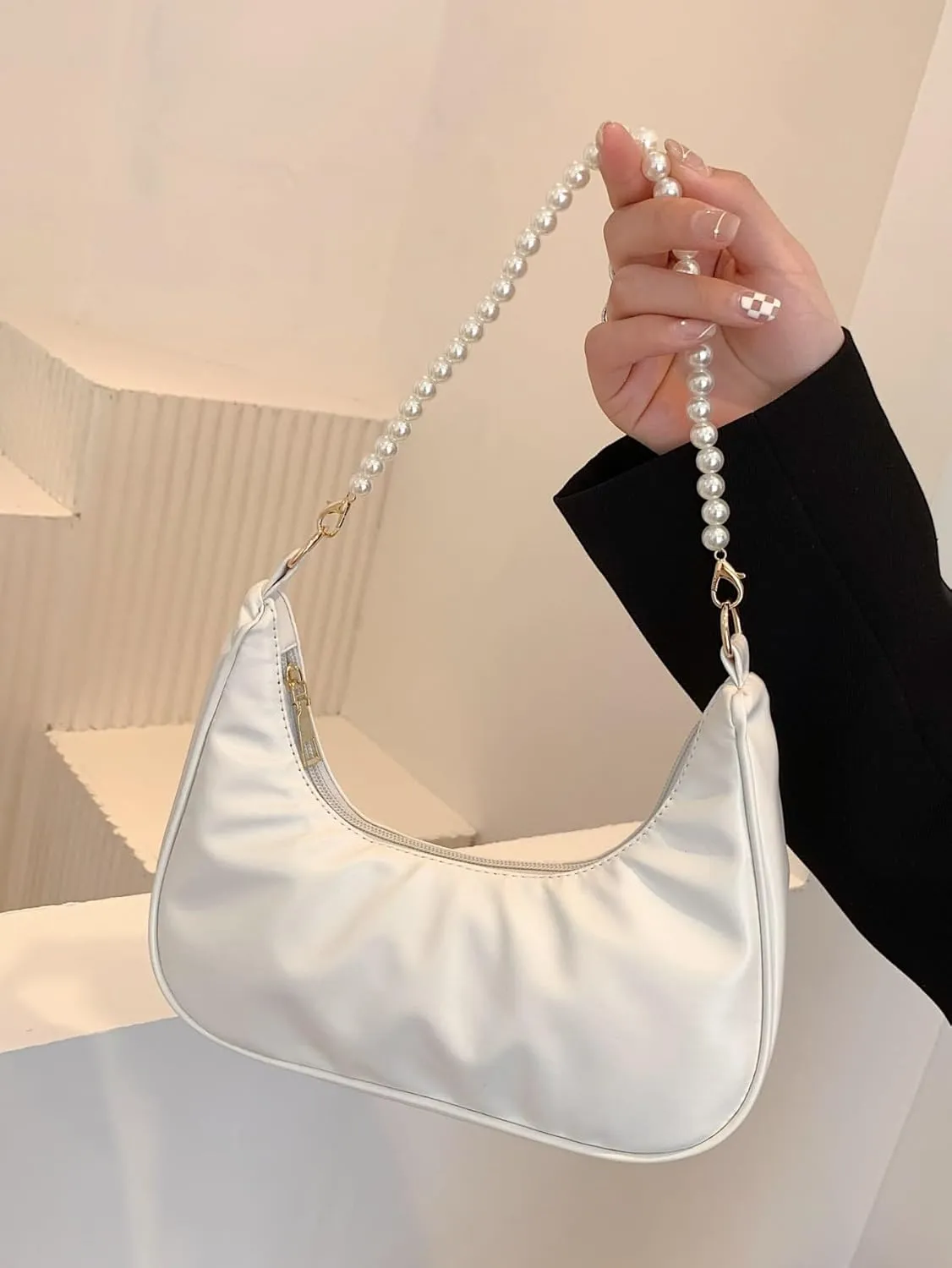 SweatyRocks Women's Pearls Chain Top Handle Shoulder Bags PU Leather Zipper Hobo Bags Clutch Purses