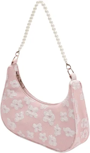 SweatyRocks Women's Pearls Chain Top Handle Shoulder Bags PU Leather Zipper Hobo Bags Clutch Purses
