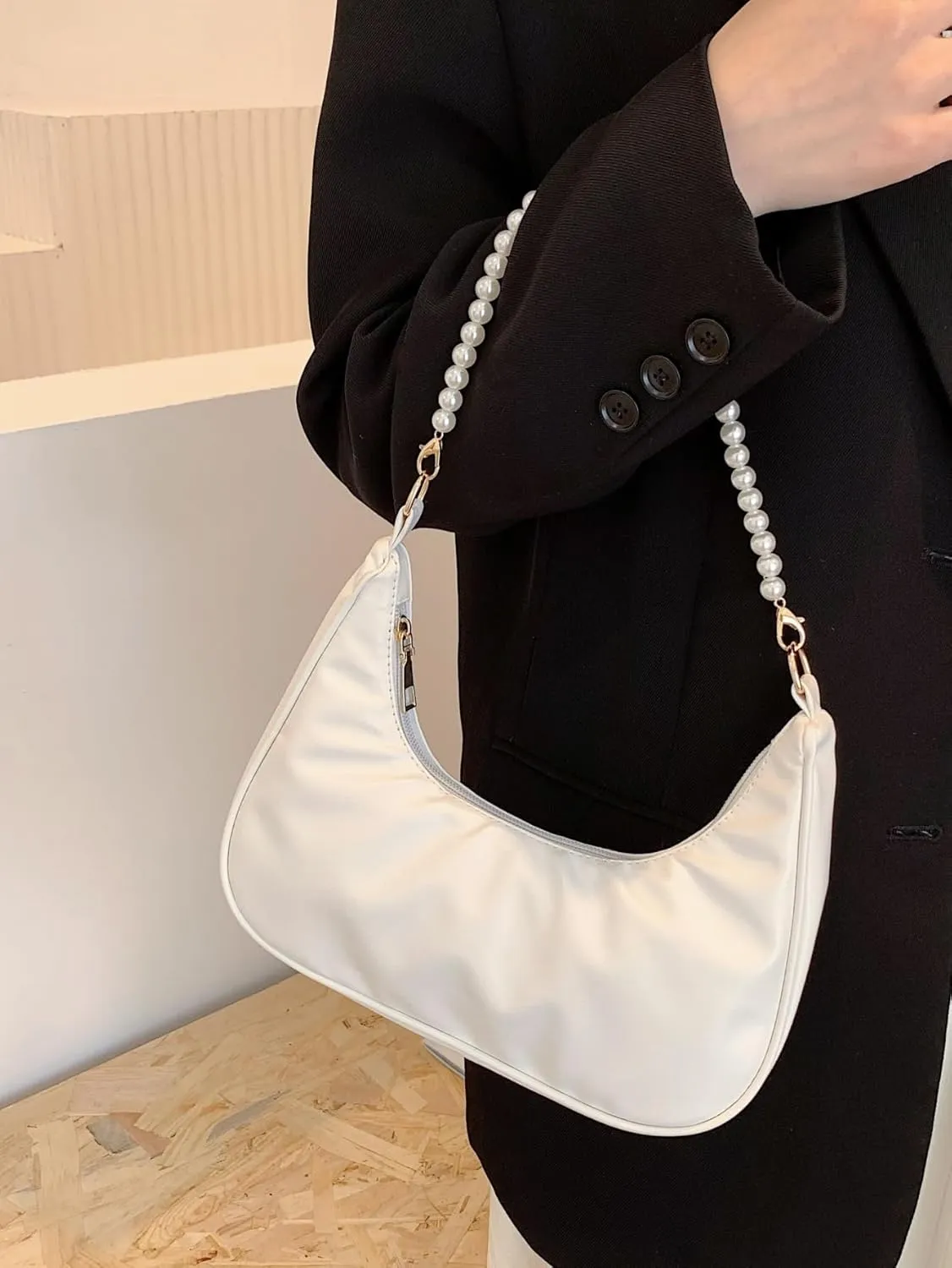 SweatyRocks Women's Pearls Chain Top Handle Shoulder Bags PU Leather Zipper Hobo Bags Clutch Purses
