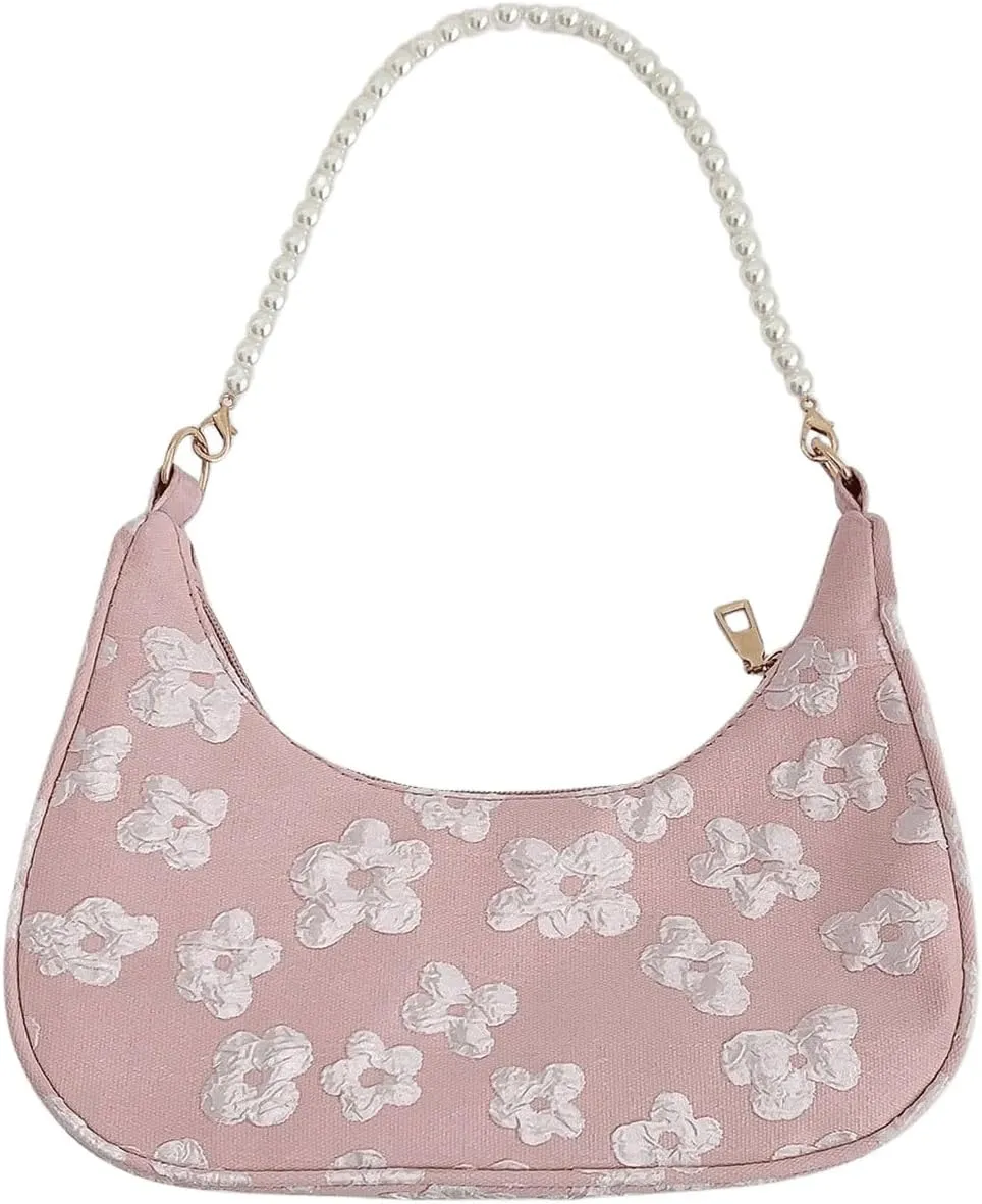 SweatyRocks Women's Pearls Chain Top Handle Shoulder Bags PU Leather Zipper Hobo Bags Clutch Purses