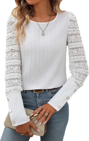 SweatyRocks Women's Round Neck Lace Long Sleeve Button Detail Blouse T Shirts Top