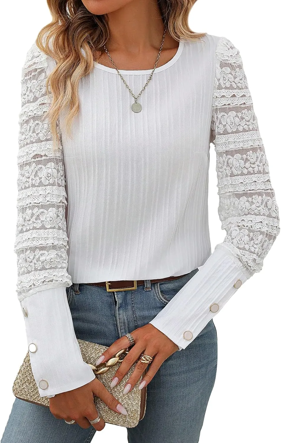 SweatyRocks Women's Round Neck Lace Long Sleeve Button Detail Blouse T Shirts Top