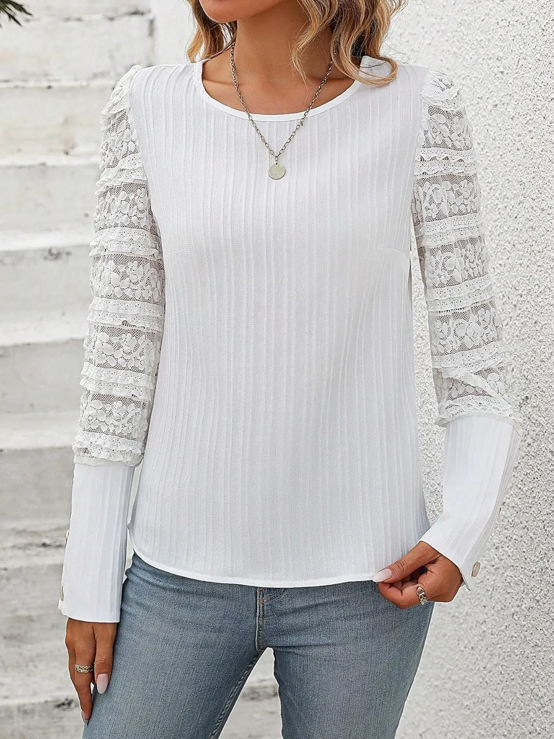 SweatyRocks Women's Round Neck Lace Long Sleeve Button Detail Blouse T Shirts Top