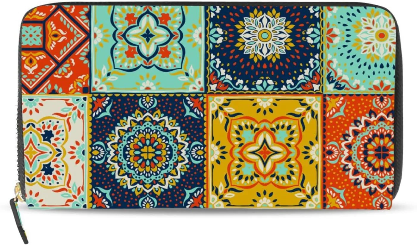 Talavera Indian Ceramic Portugal Turkish Moroccan Tile Mosaic Ethnic Leather Long Wallet Organizer with Zipper Purse Clutch Bag for Women Men Key Card Coin Passport Checkbook 8 x 4 inch