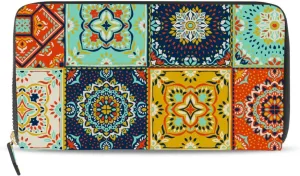 Talavera Indian Ceramic Portugal Turkish Moroccan Tile Mosaic Ethnic Leather Long Wallet Organizer with Zipper Purse Clutch Bag for Women Men Key Card Coin Passport Checkbook 8 x 4 inch