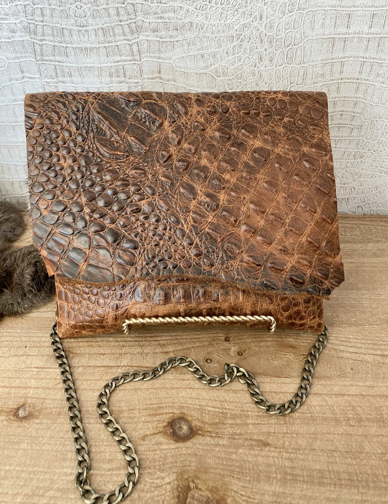 Tan Croc with Brindle Double Flap Clutch/Crossbody
