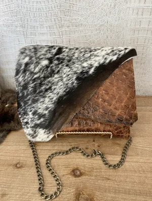 Tan Croc with Brindle Double Flap Clutch/Crossbody