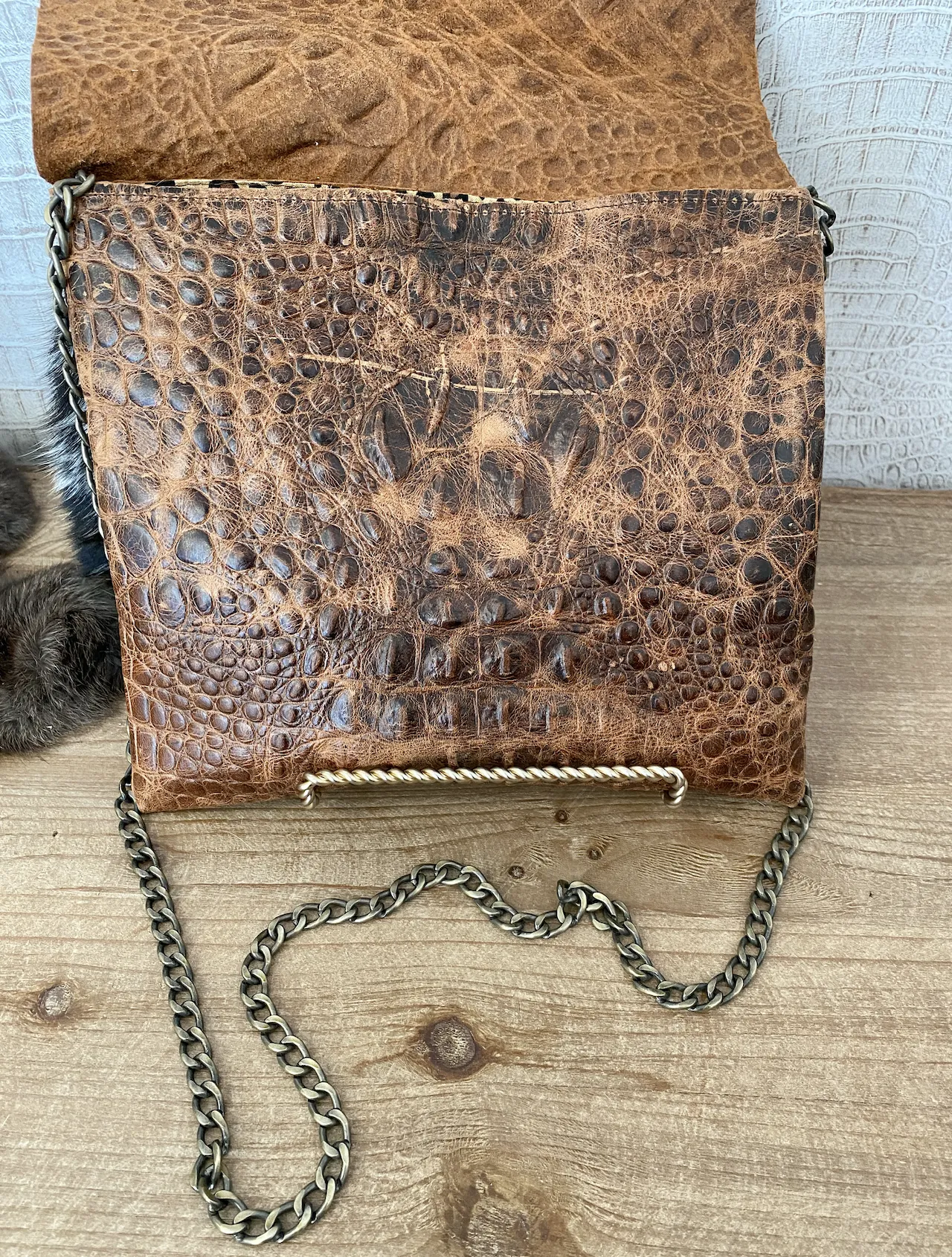 Tan Croc with Brindle Double Flap Clutch/Crossbody