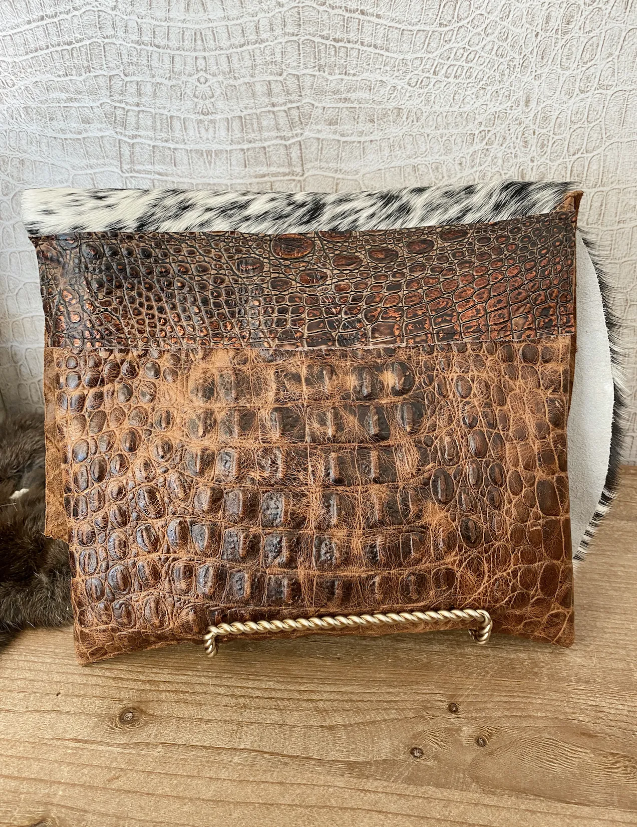 Tan Croc with Brindle Double Flap Clutch/Crossbody