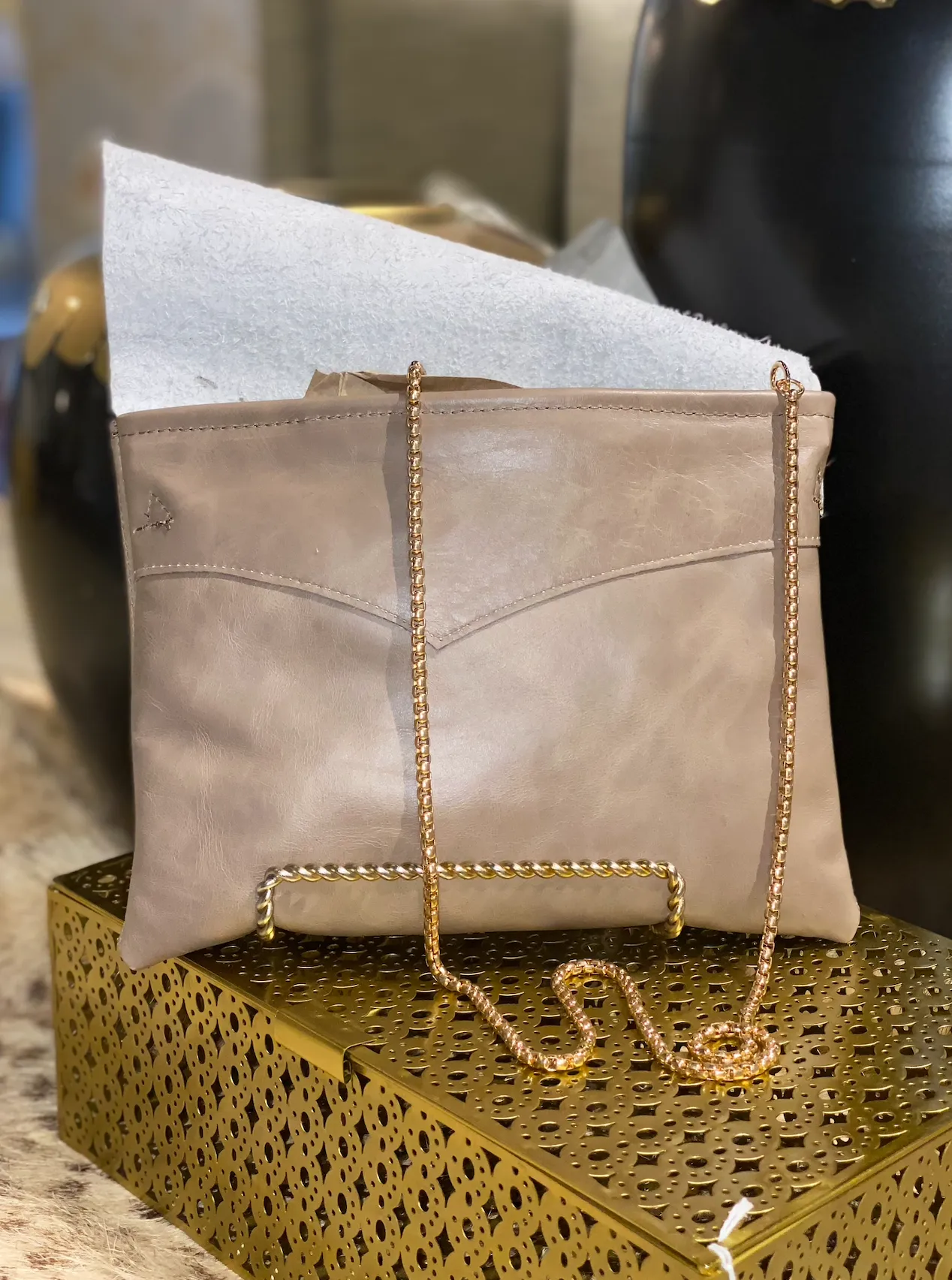 Tan Double Leather Cowhide Flap With Gold Chain
