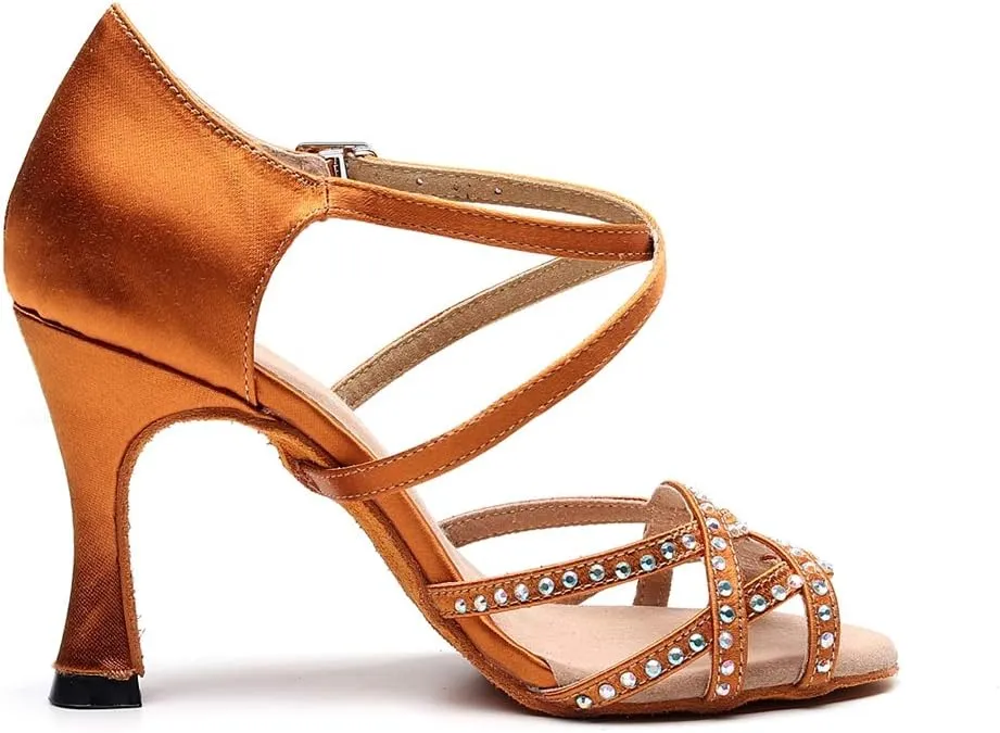 TDA Women's Flared Heel Satin Crystals Cut-out Salsa Rumba Samba Latin Shoes Wedding Praty Dance Sandals