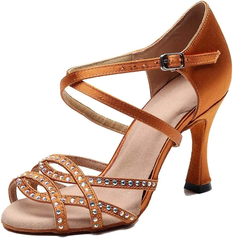 TDA Women's Flared Heel Satin Crystals Cut-out Salsa Rumba Samba Latin Shoes Wedding Praty Dance Sandals