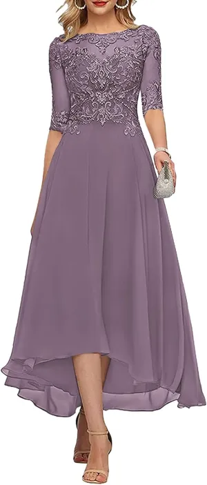 Tea Length Mother of The Bride Dresses for Wedding Half Sleeve Lace Chiffon Formal Evening Party Gown
