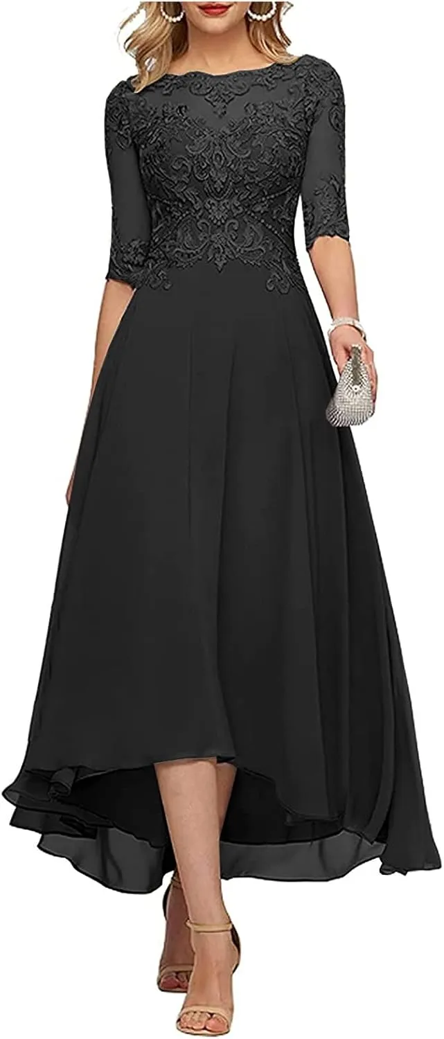 Tea Length Mother of The Bride Dresses for Wedding Half Sleeve Lace Chiffon Formal Evening Party Gown