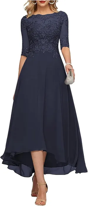 Tea Length Mother of The Bride Dresses for Wedding Half Sleeve Lace Chiffon Formal Evening Party Gown