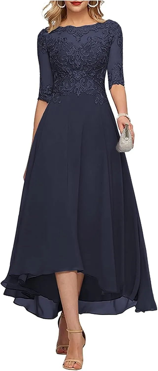Tea Length Mother of The Bride Dresses for Wedding Half Sleeve Lace Chiffon Formal Evening Party Gown