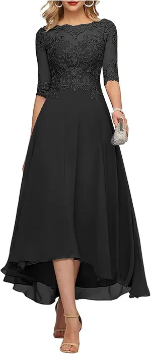Tea Length Mother of The Bride Dresses for Wedding Half Sleeve Lace Chiffon Formal Evening Party Gown