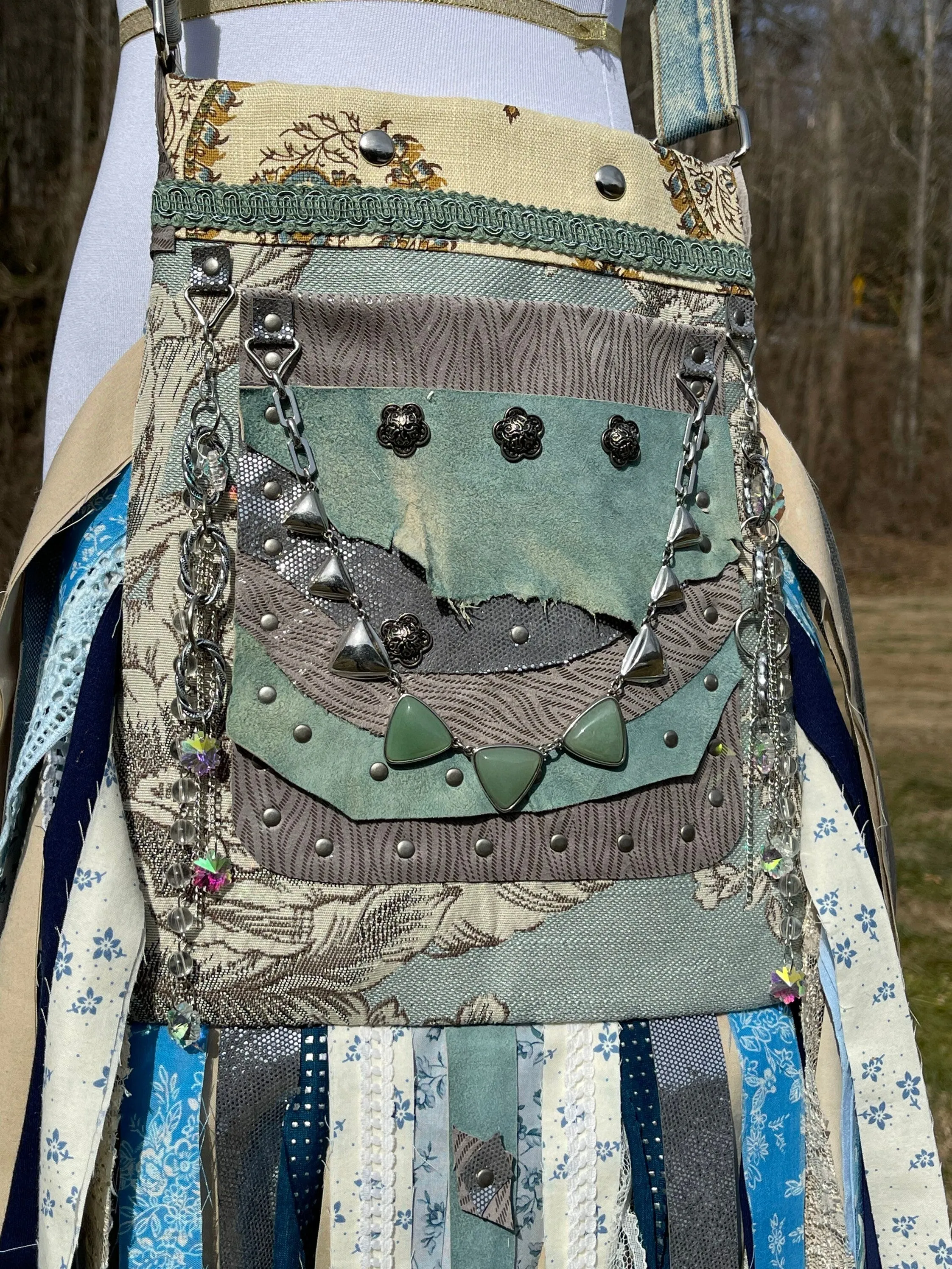 Teal and Grey Fringe Purse, Embellished Boho Hippie Bag with Vintage Charm.