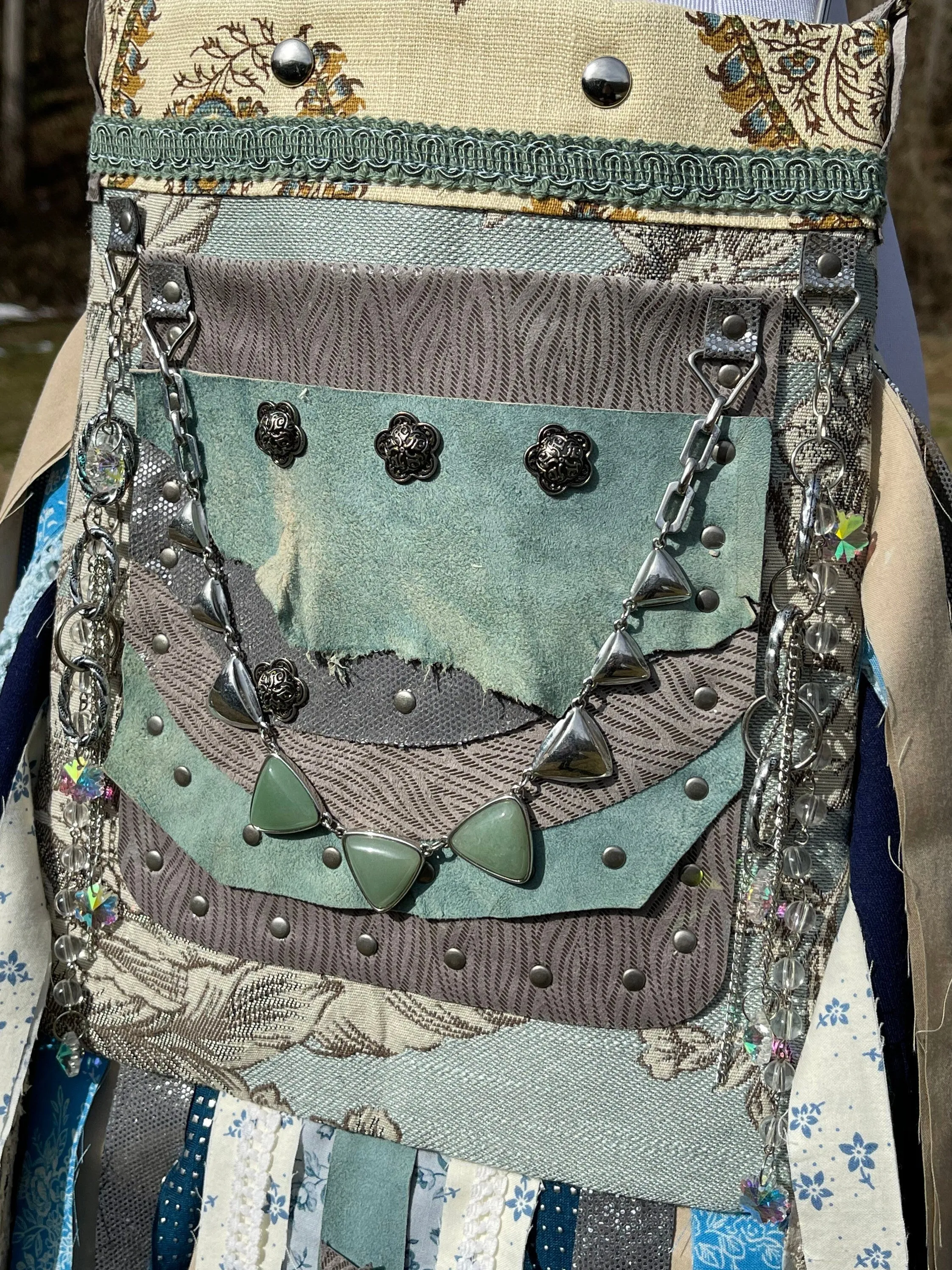 Teal and Grey Fringe Purse, Embellished Boho Hippie Bag with Vintage Charm.