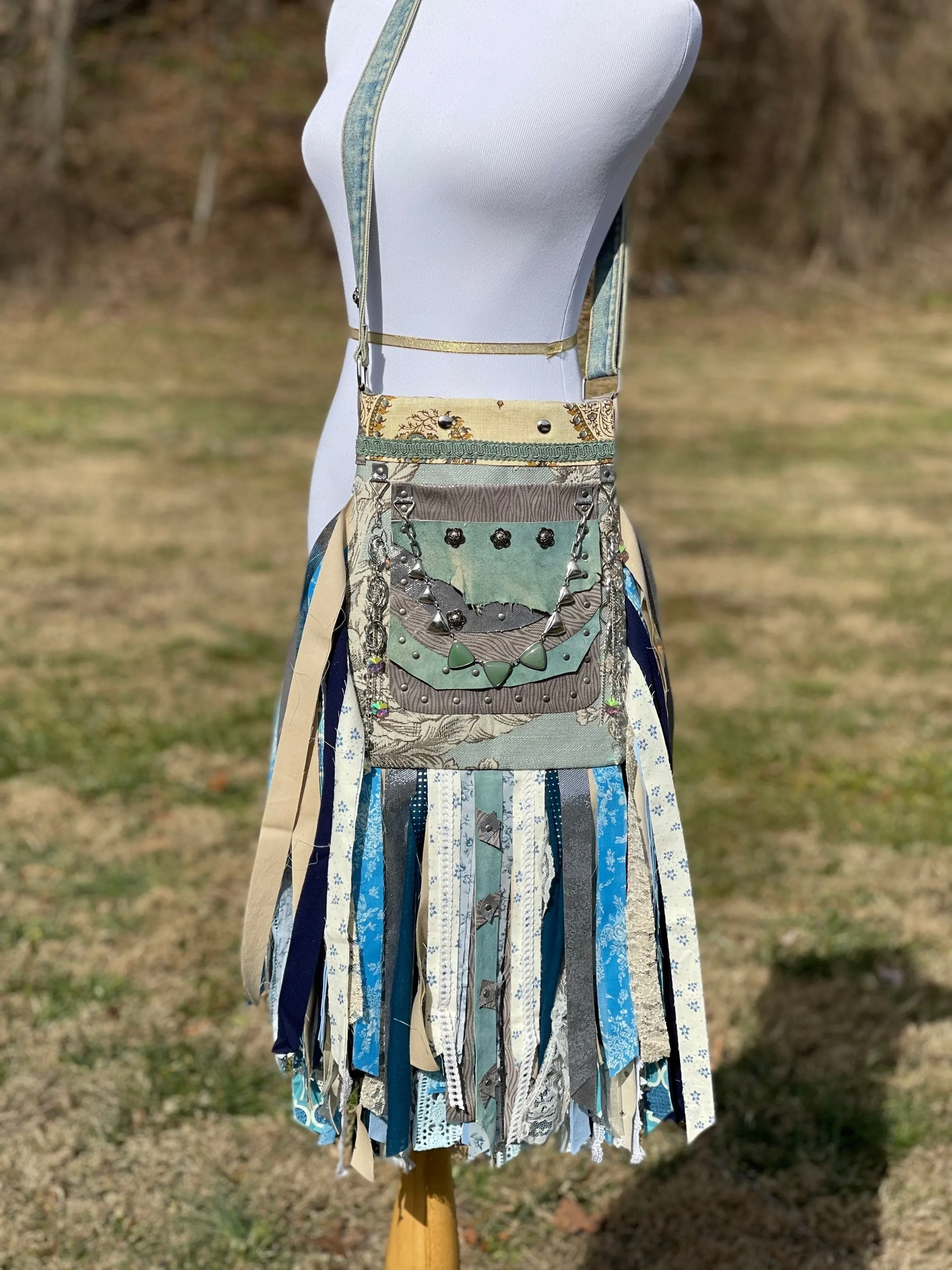 Teal and Grey Fringe Purse, Embellished Boho Hippie Bag with Vintage Charm.