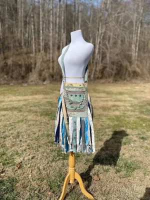 Teal and Grey Fringe Purse, Embellished Boho Hippie Bag with Vintage Charm.