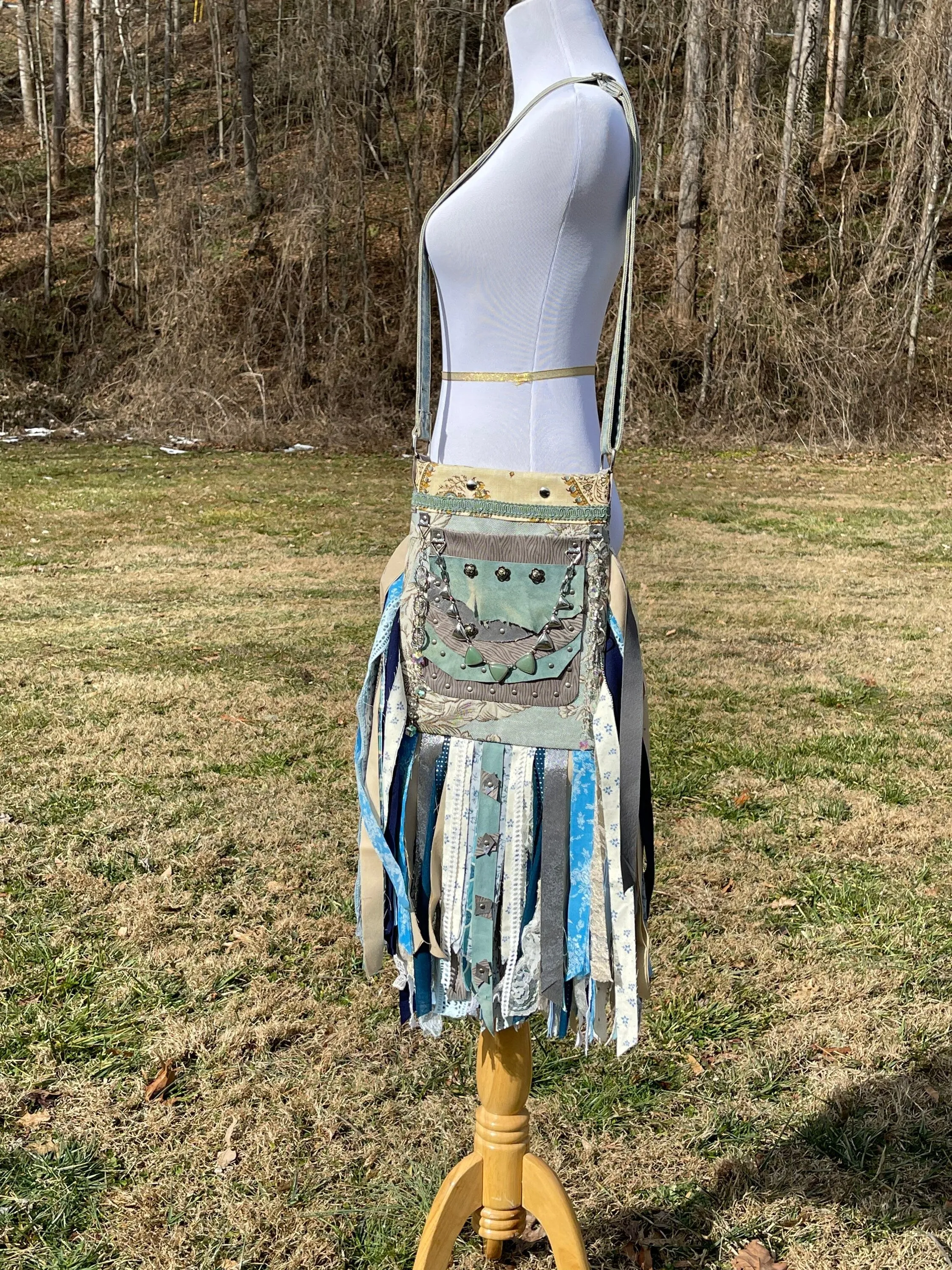 Teal and Grey Fringe Purse, Embellished Boho Hippie Bag with Vintage Charm.