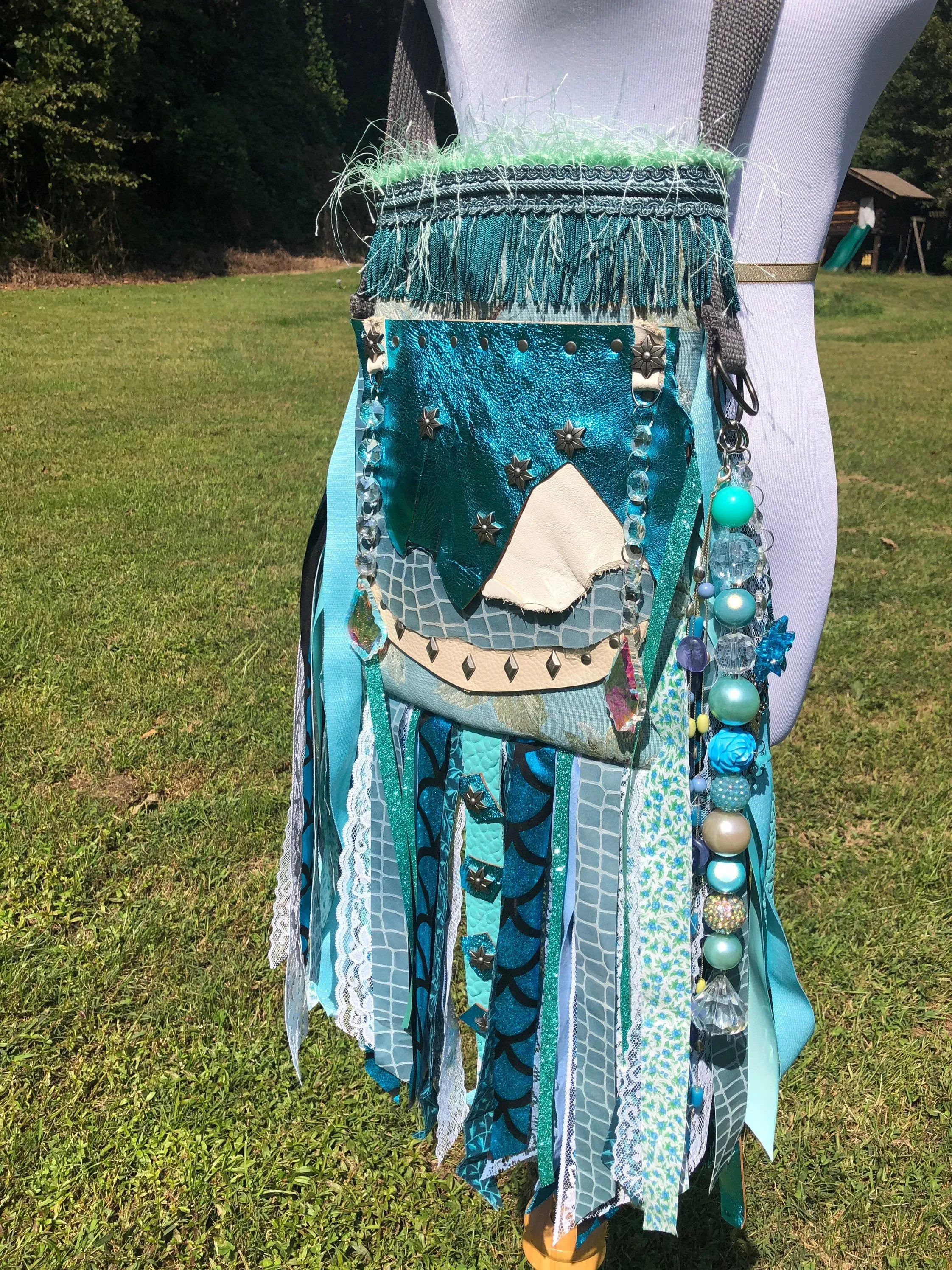 Teal Water Goddess Bag, Embellished Boho Hippie Bag with Vintage Charm.