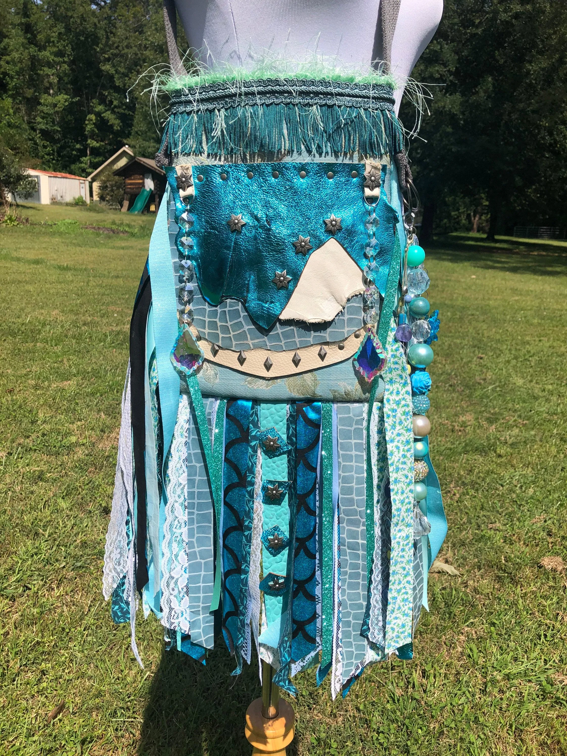 Teal Water Goddess Bag, Embellished Boho Hippie Bag with Vintage Charm.