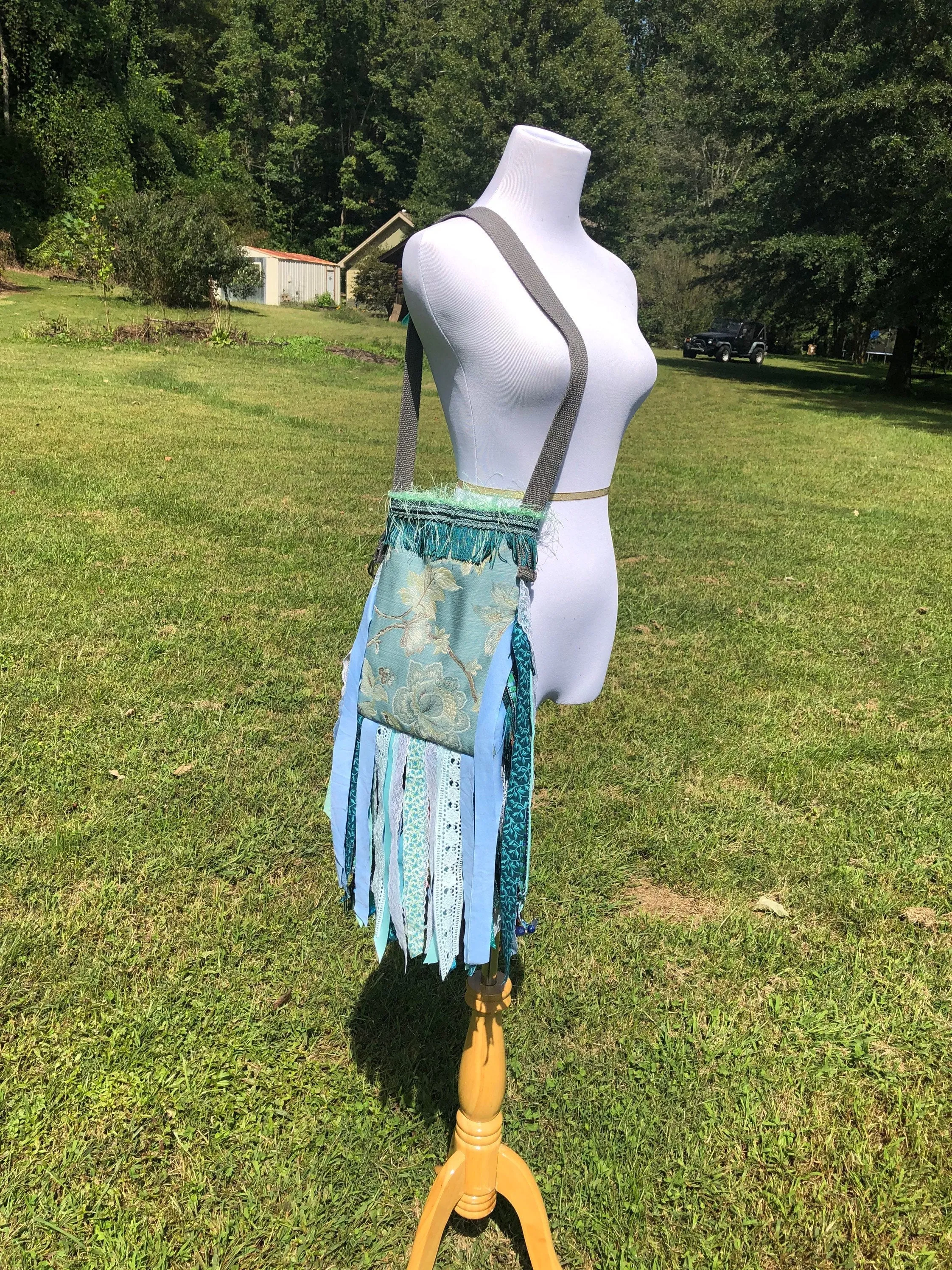 Teal Water Goddess Bag, Embellished Boho Hippie Bag with Vintage Charm.