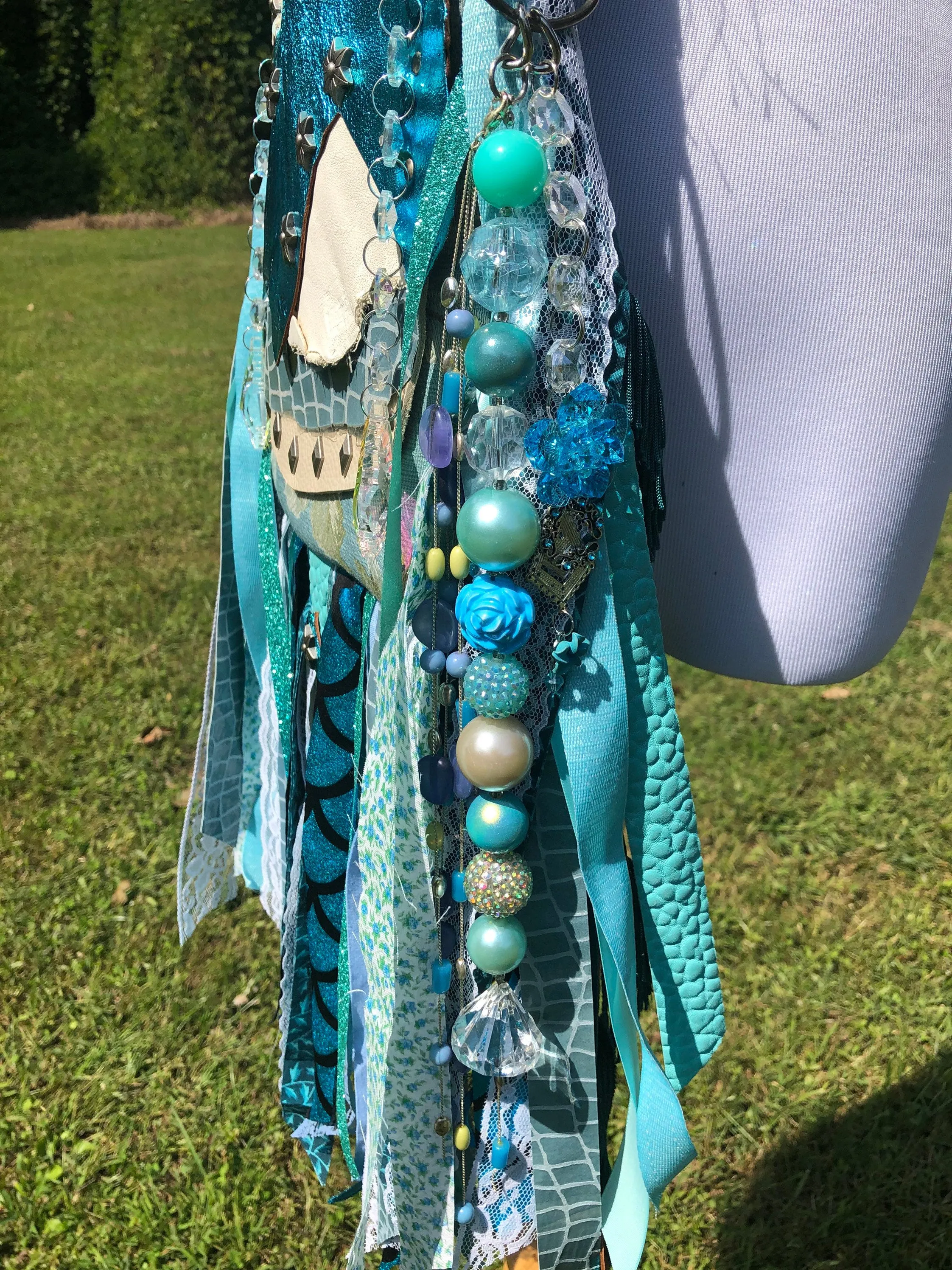Teal Water Goddess Bag, Embellished Boho Hippie Bag with Vintage Charm.