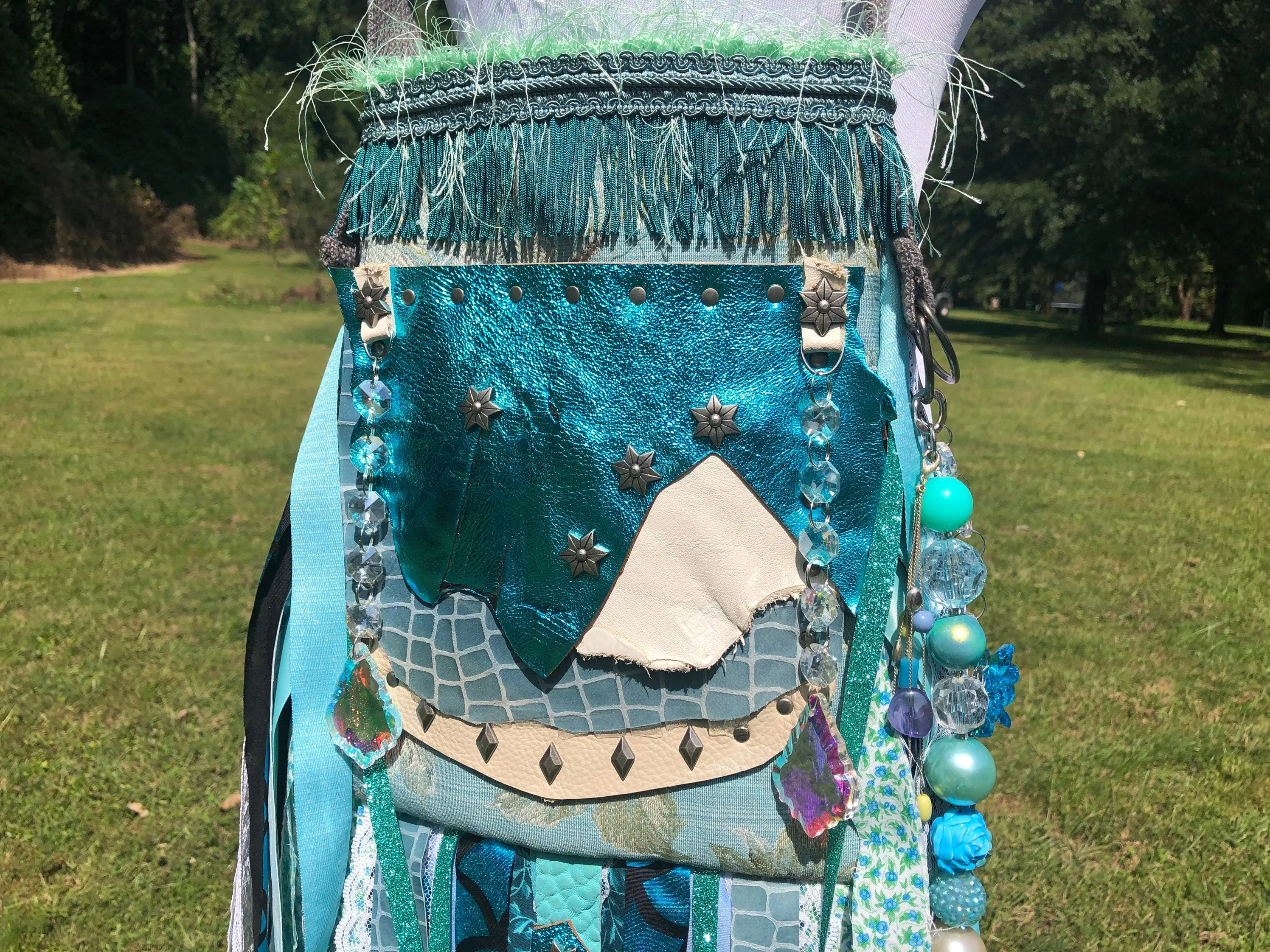 Teal Water Goddess Bag, Embellished Boho Hippie Bag with Vintage Charm.